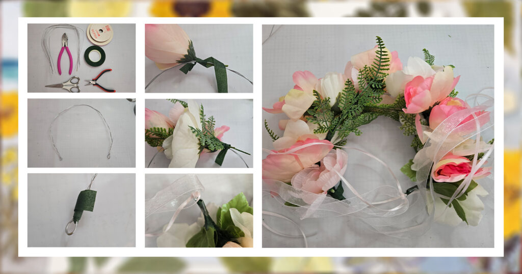 Step-by-step guide of constructing a flower crown is compiled into a collage. 
