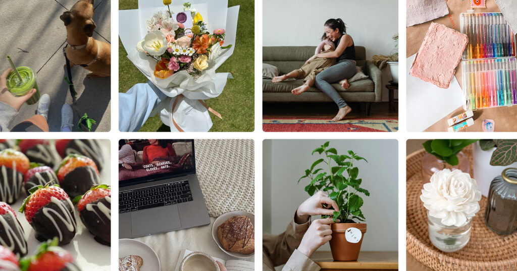 A photo collage illustrating free or inexpensive gift ideas for mothers and mother figures. Images include colored pencils, a potted plant, a bouquet of flowers, chocolate-dipped fruit and more.