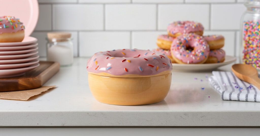 The Pink Sprinkle Warmer decorates a kitchen counter nearby a plate filled with donuts. The Warmer is part of Scentsy's Oh, So Sweet Collection.