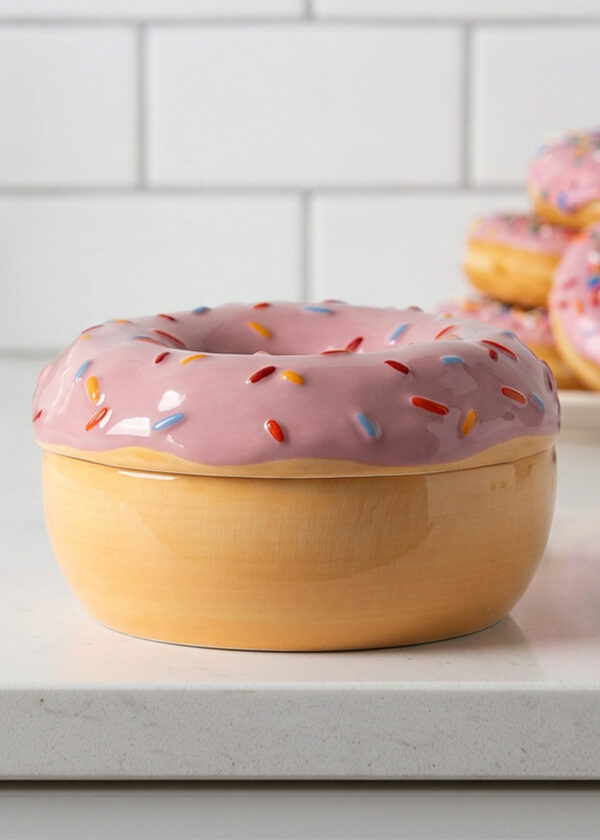 The Pink Sprinkle Warmer decorates a kitchen counter nearby a plate filled with donuts. The Warmer is part of Scentsy's Oh, So Sweet Collection.