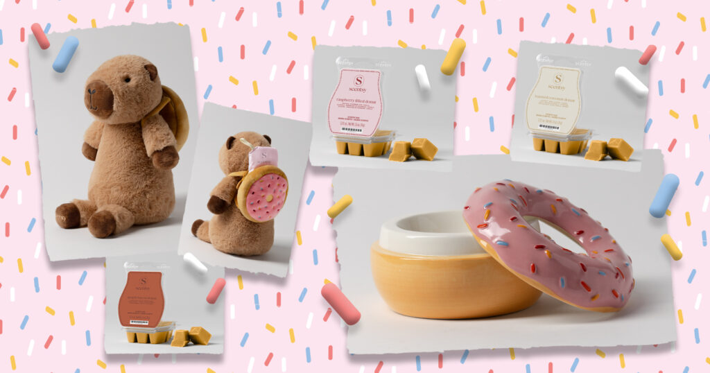 The Pink Sprinkle Warmer, Crumb the Capybara Scentsy Buddy and three donut shop wax Scentsy Bars are all part of the Oh, So Sweet promotion.