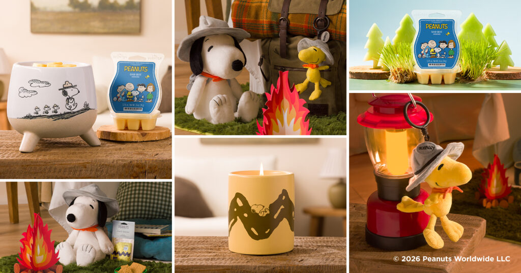 A Snoopy™ Beagle Scouts – Scentsy Buddy and Woodstock™ Beagle Scouts – Scentsy Buddy Clip are displayed in an indoor camping setup.