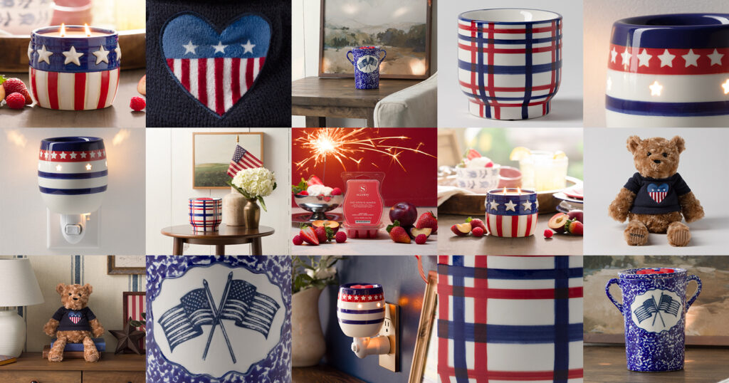 A grid of red, white and blue Scentsy Warmers and fragrances in the June Edit.