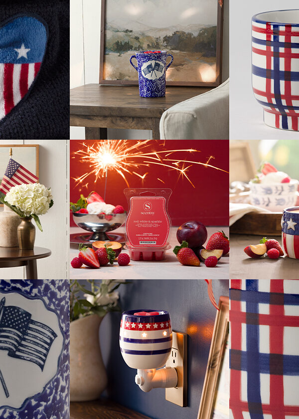 A grid of red, white and blue Scentsy Warmers and fragrances in the June Edit.