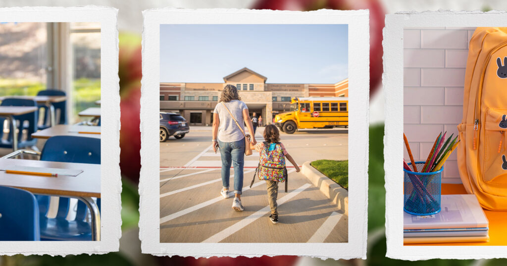 Various scenes from a traditional back-to-school day including empty desks with blue chairs in a classroom, a mother walking a small child into a schoolhouse and a backpack with pencils and books.