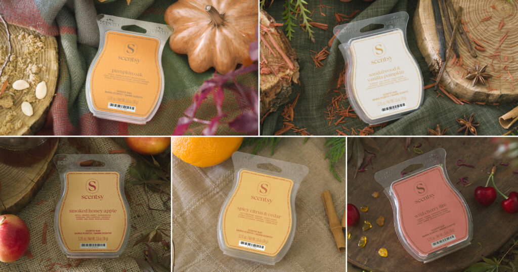 A grid of photos showing Scentsy wax melts in cozy fall fragrances.