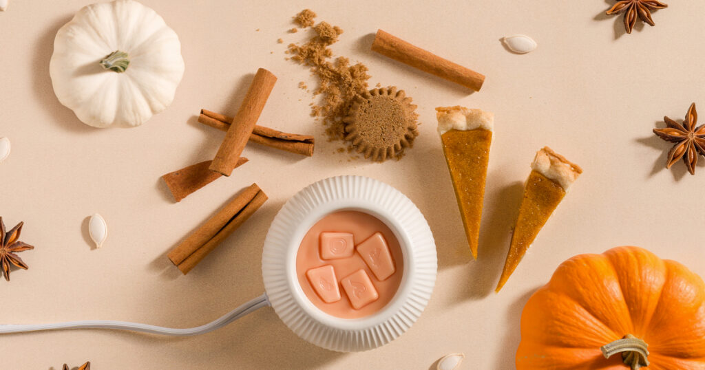 A top-down view of a  Scentsy Warmer warming orange wax and surrounded by cinnamon, other spices and small pumpkins.